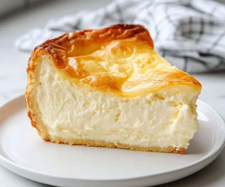 Delizioser Deutscher Käsekuchen auf einem weißen Teller serviert.