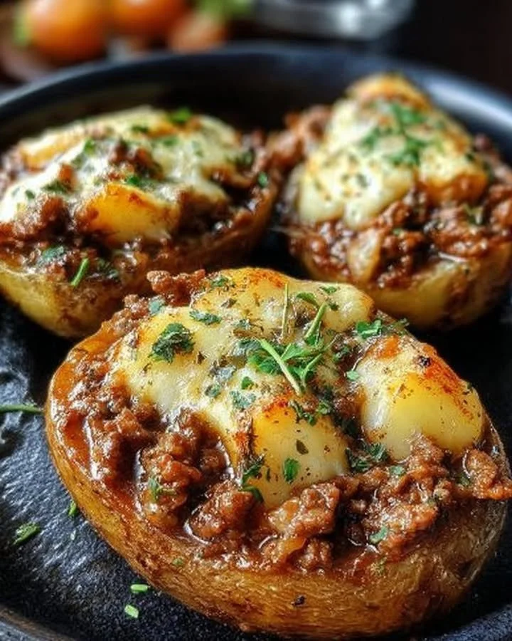 Gefüllte Kartoffeln mit Hackfleisch auf einem Teller serviert
