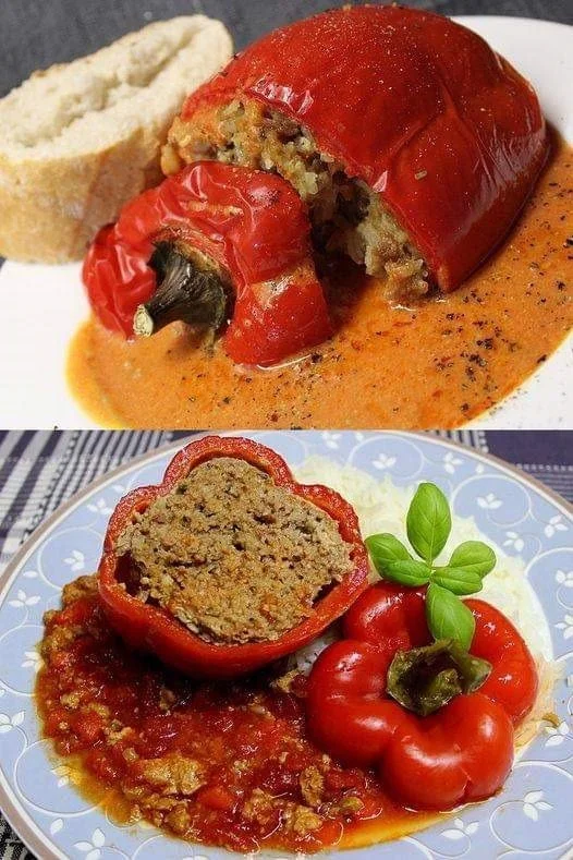 Gefüllte Paprika mit buntem Gemüse und Reis auf einem Teller