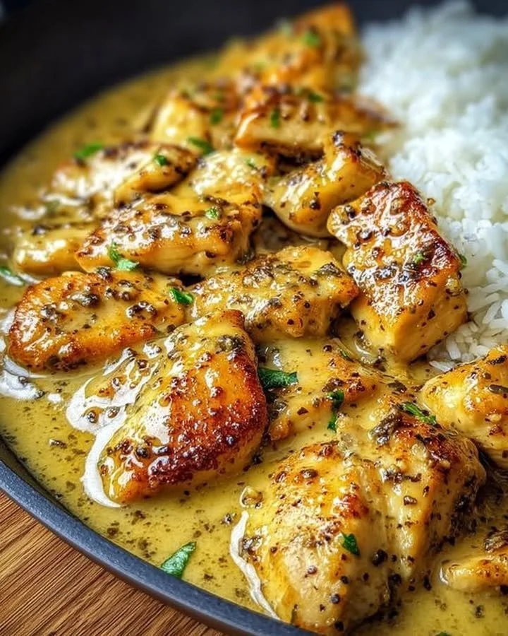 Hähnchenpfanne in Honig-Senf-Soße mit frischen Zutaten auf einem Teller