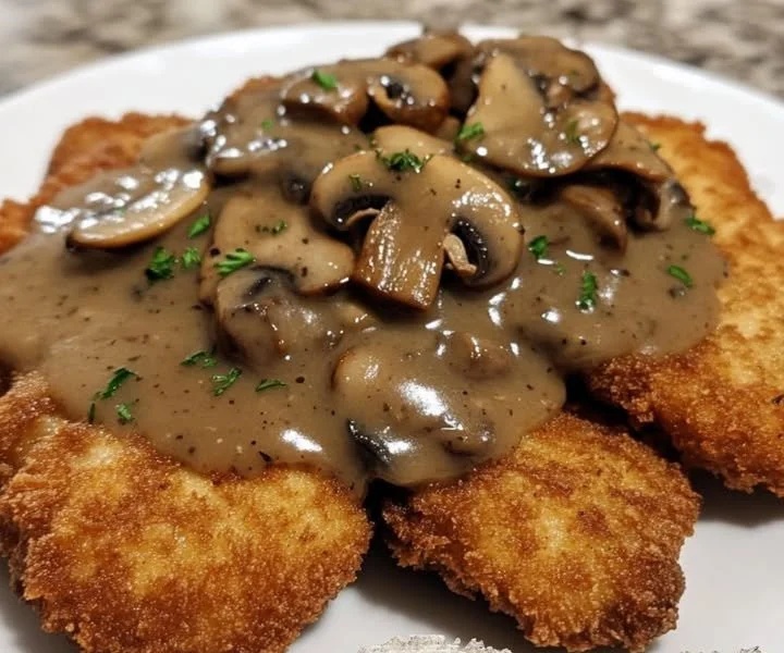 Leckeres Jägerschnitzel mit Pilzsauce und Beilagen.