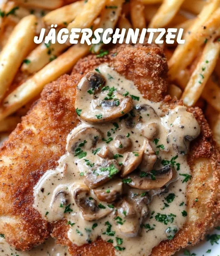 Leckeres Jägerschnitzel mit Pilzsoße auf einem Teller serviert.