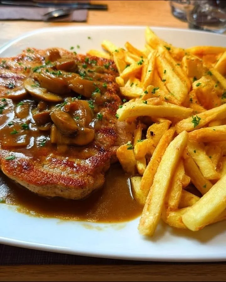 Jägerschnitzel mit Pommes auf einem Teller serviert