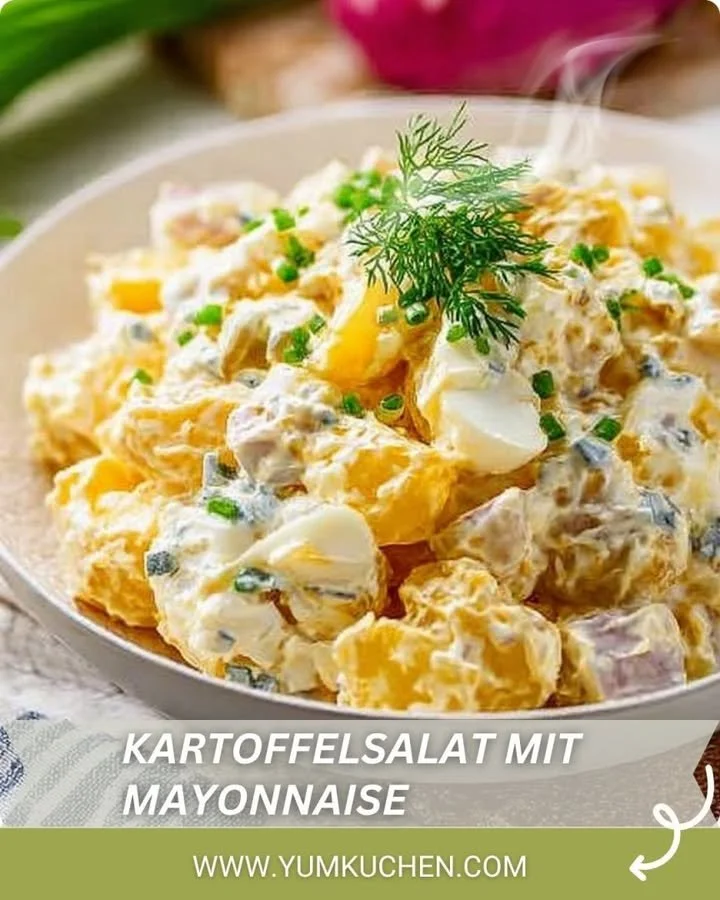 Leckerer Kartoffelsalat mit Mayonnaise im Schalen serviert