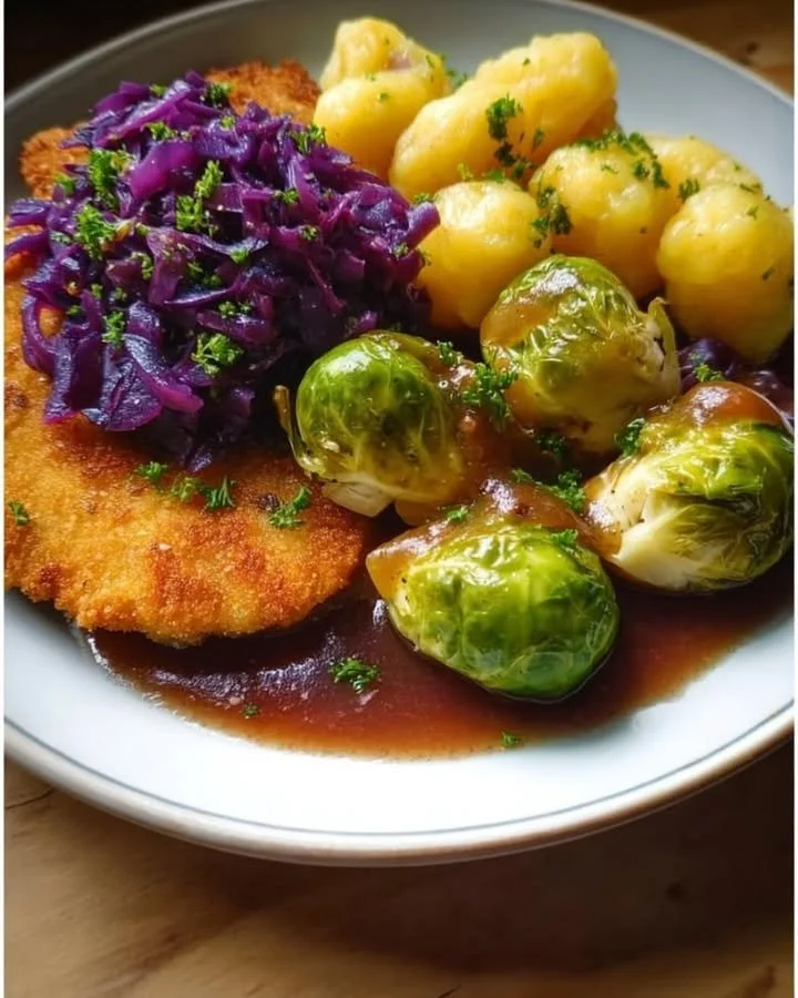 Knuspriges Schnitzel serviert mit Rosenkohl, Rotkohl und Kartoffelknödel.