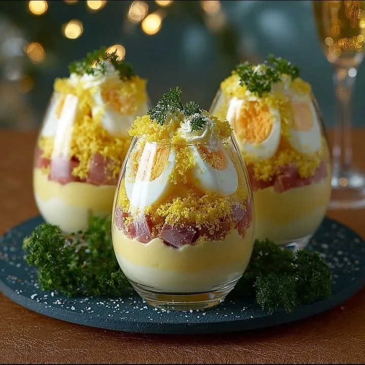 Festliche Gläser mit Mimosaeiern für besondere Anlässe.