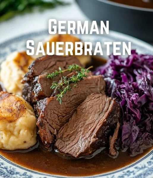 Hausgemachter Sauerbraten auf einem Teller mit Beilagen