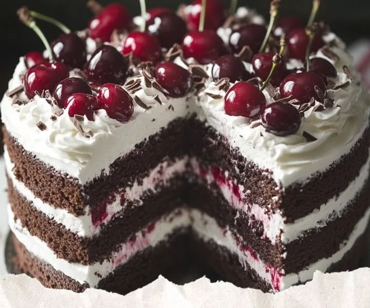 Schwarzwälder Kirschtorte mit Sahne, Kirschen und Schokoladenteig