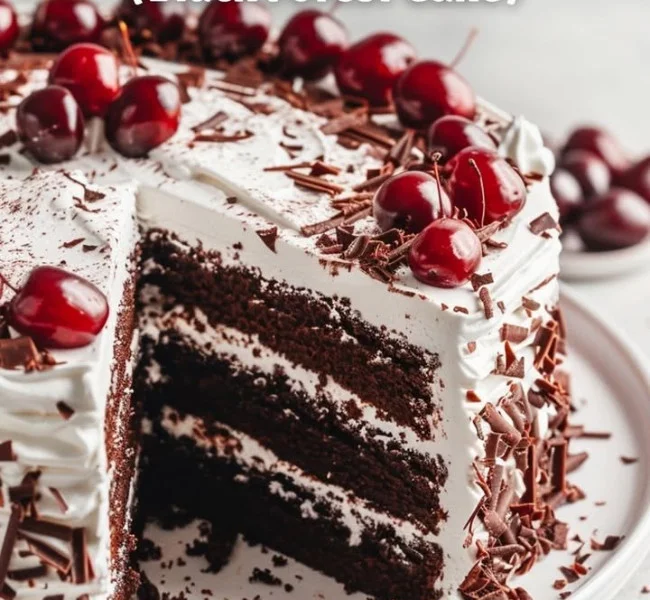 Schwarzwälder Kirschtorte mit frischen Kirschen und Sahne garniert