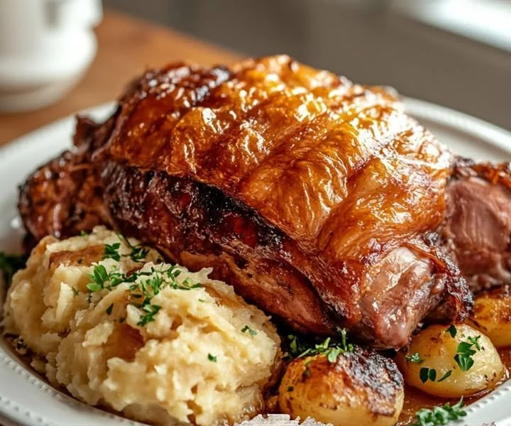 Schweinebraten mit knuspriger Kruste und Beilagen serviert