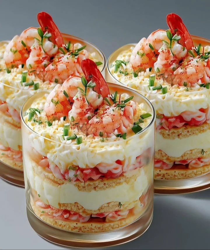 Tiramisu mit rosa Garnelen in Gläsern, ein kreatives Dessert