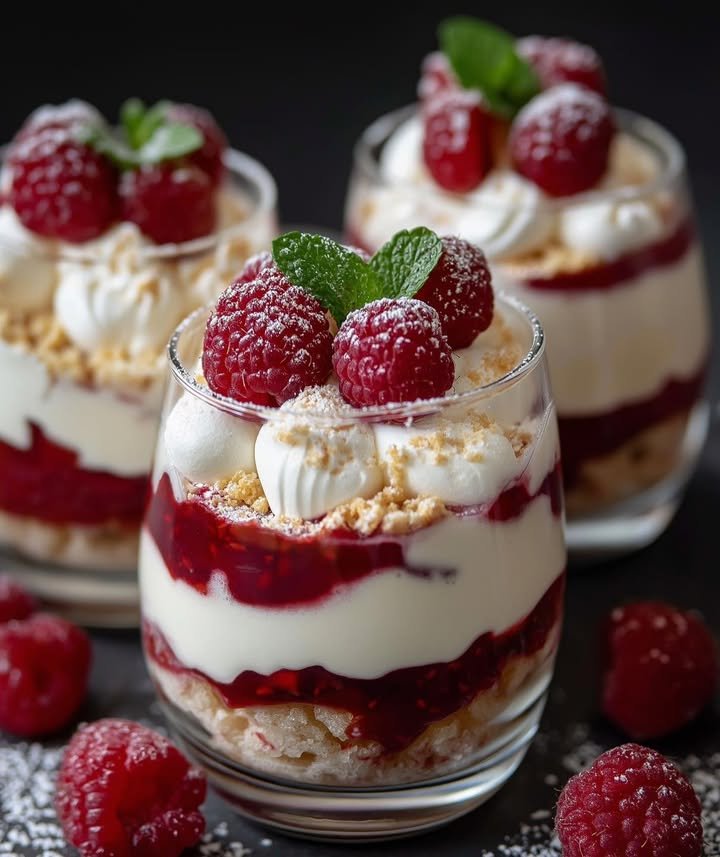 Himbeer-Verrines mit Mascarpone und Baiser-Stücken