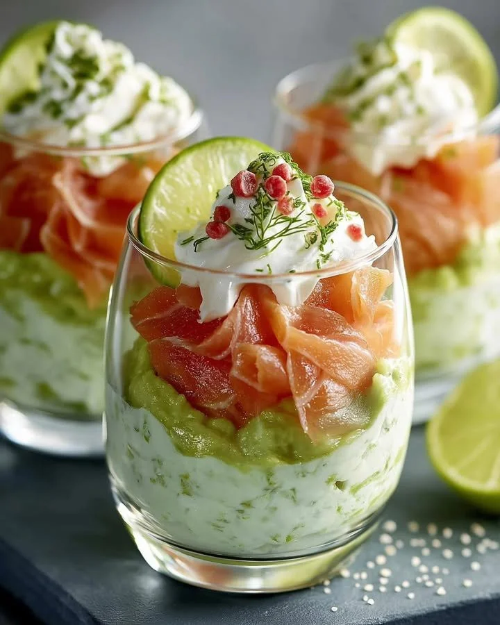 Verrine mit geräuchertem Lachs und Avocadocreme auf einem eleganten Servierteller