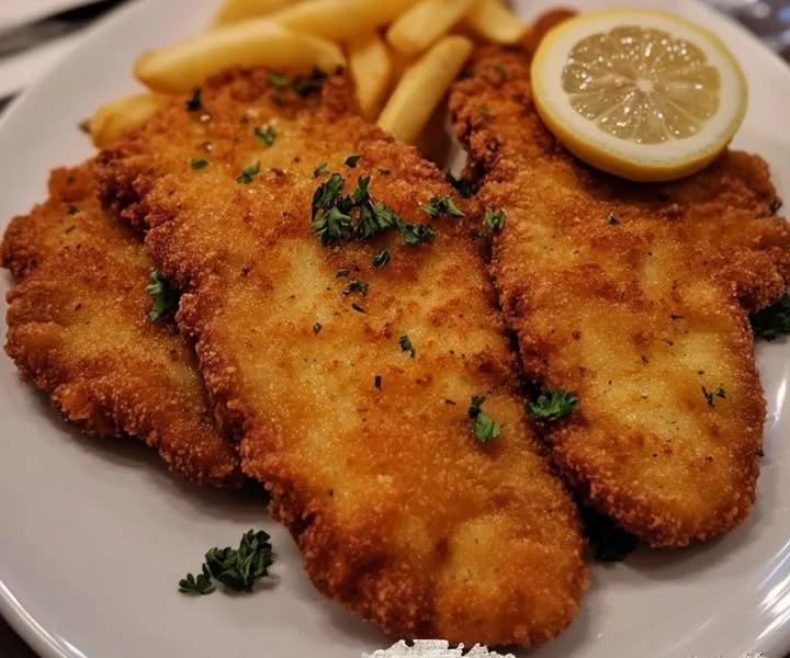 Leckeres Wiener Schnitzel serviert mit Zitrone und Petersilie