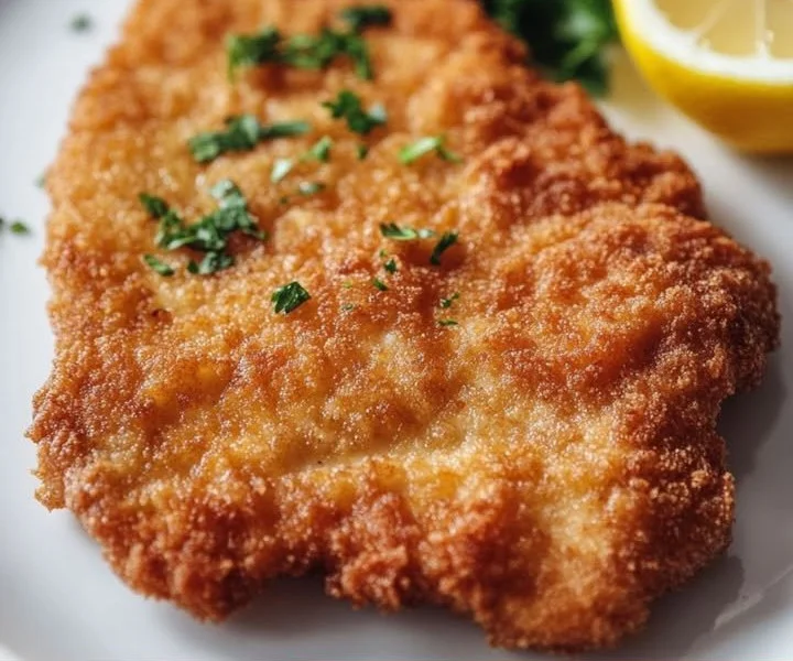 Wiener Schnitzel mit goldbrauner Panade auf einem Teller serviert