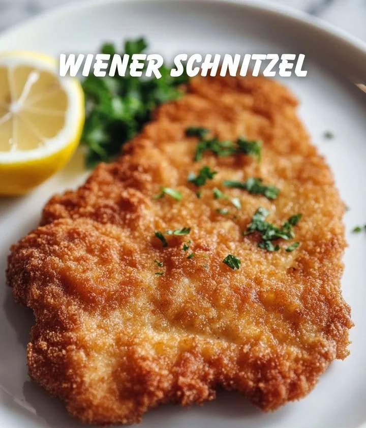 Ein köstliches Wiener Schnitzel serviert mit Zitrone und Beilagen.