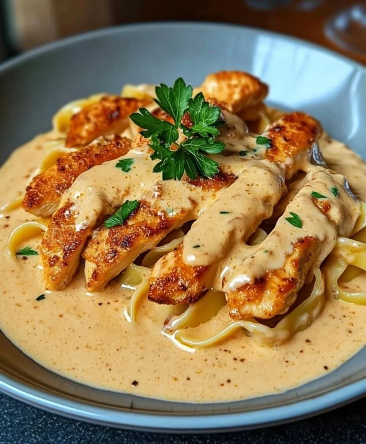 Zarte Hähnchenstreifen mit cremigen Nudeln in sahniger Sauce