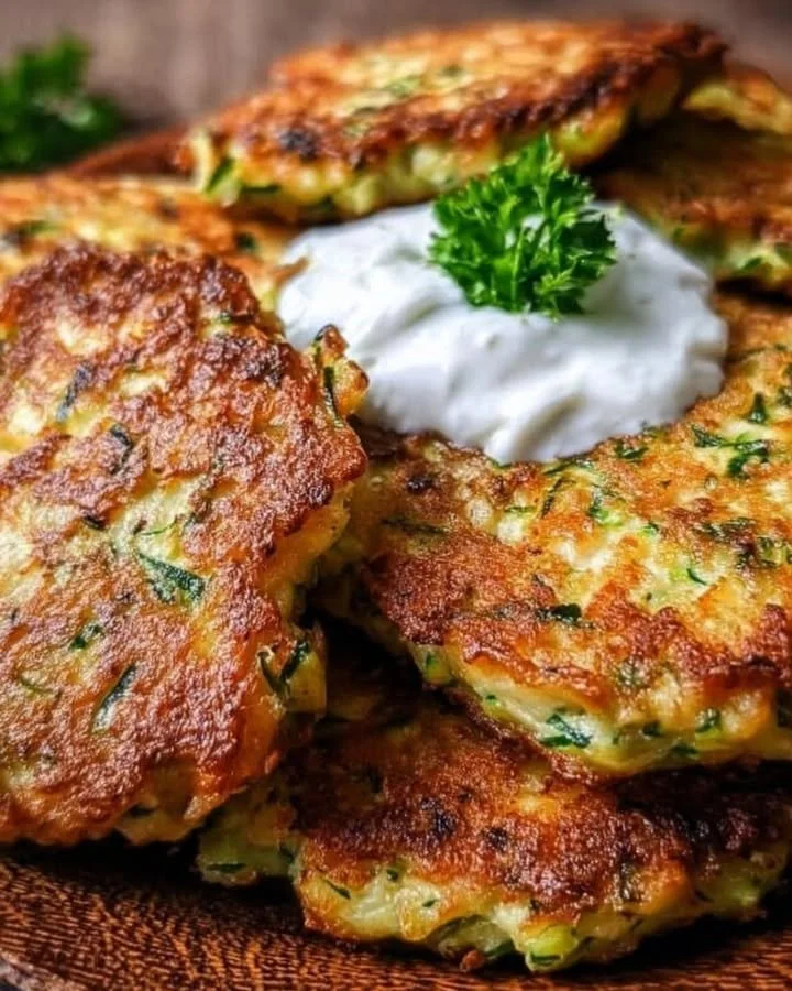 Zucchini-Puffer mit Haferflocken auf einem Teller serviert