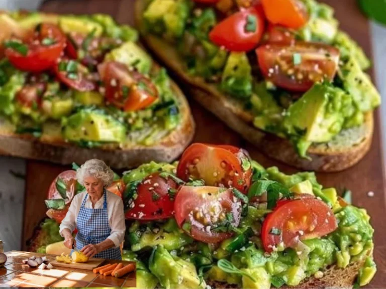 Avocadobrot mit Tomaten auf einem Holzbrett serviert