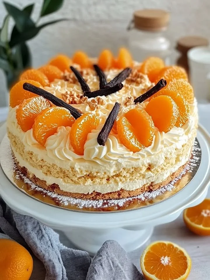 Mandarinen-Sahnetorte mit Vanille und Biskuitboden