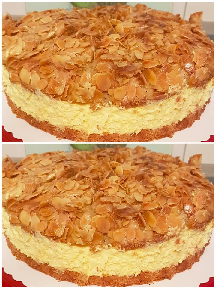 Leckerer Bienenstich Kuchen mit Sahnefüllung und Mandelkruste