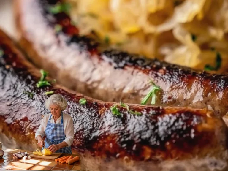 Bratwurst mit Sauerkraut auf einem Teller serviert