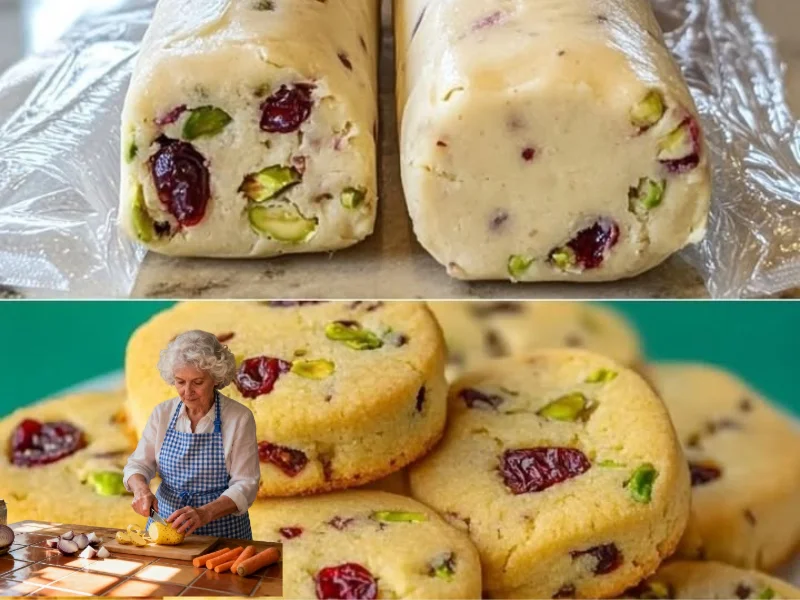 Cranberry-Pistazien-Shortbread-Plätzchen auf einem dekorativen Teller