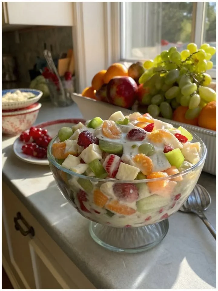 Cremiger Fruchtsalat mit Joghurt, zubereitet aus frischen Früchten