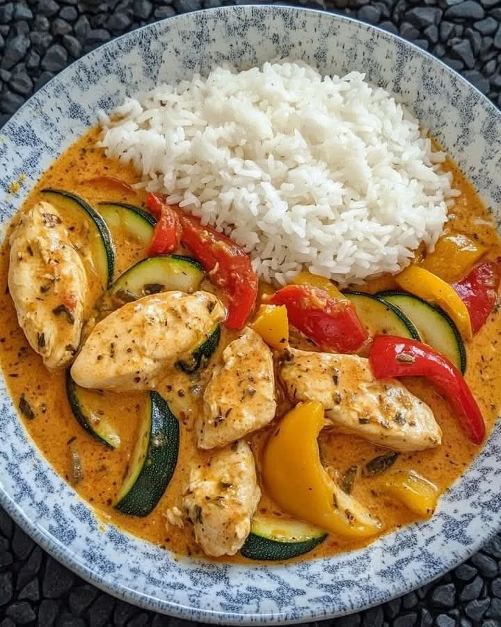 Cremiges Paprika-Zucchini-Hühnchen auf einem Teller serviert