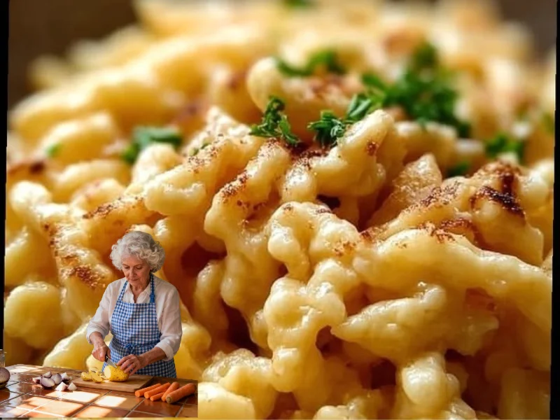 Eine Schüssel mit traditionellen Deutschen Spätzle, serviert mit Soße.