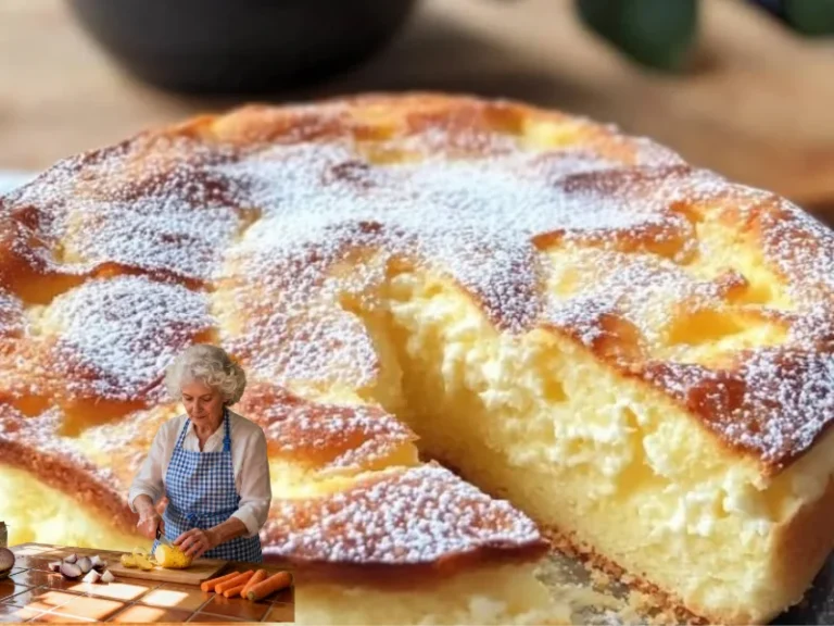 Engelskuchen auf einem Teller, dekoriert mit Puderzucker und frischen Früchten.