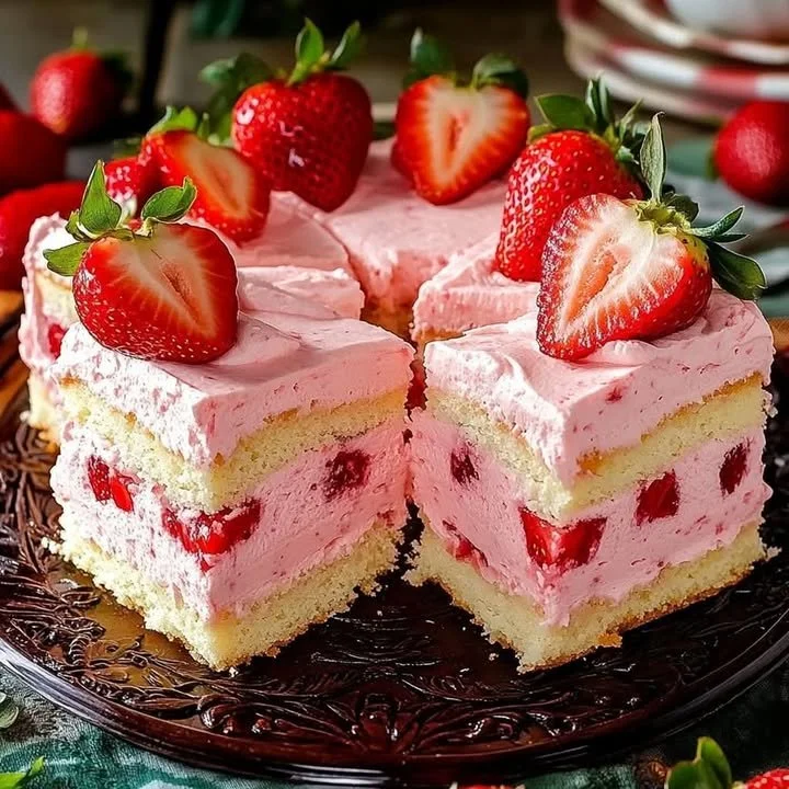 Erdbeer-Schaum auf Biskuit als süßes Dessert