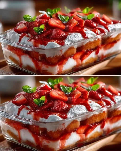 Ein köstliches Erdbeer-Tiramisu mit frischen Erdbeeren und Mascarpone-Creme.