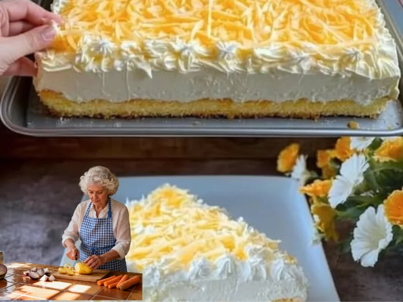 Fantakuchen mit Paradiescreme und Mandarinen auf einem Teller