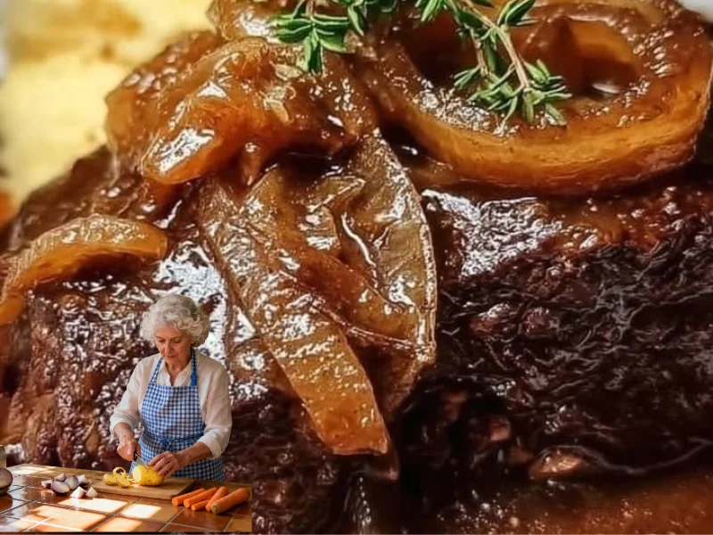 Gedeckter Teller mit köstlichem gedünstetem Zwiebelrostbraten und Beilagen.