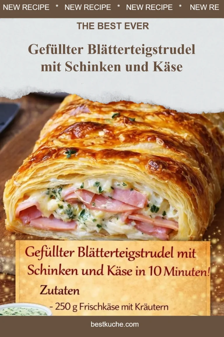 Gefüllter Blätterteigstrudel mit Schinken und Käse auf einem Teller