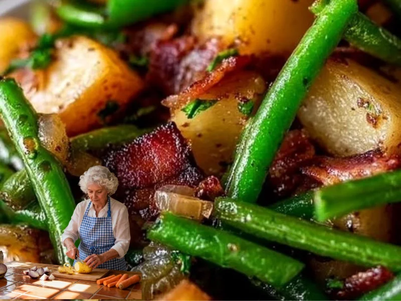 Grüne Bohnen mit Kartoffeln, Speck und Zwiebeln auf einem Teller