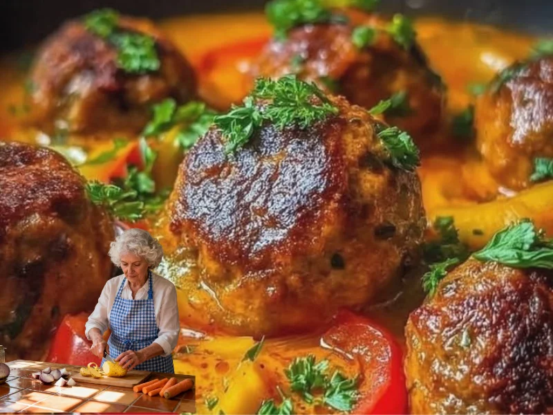 Hackbällchen in cremiger Paprikasoße serviert mit frischen Kräutern