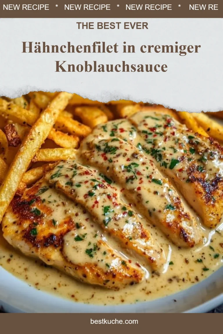 Hähnchenfilet in cremiger Knoblauchsauce auf einem Teller präsentiert