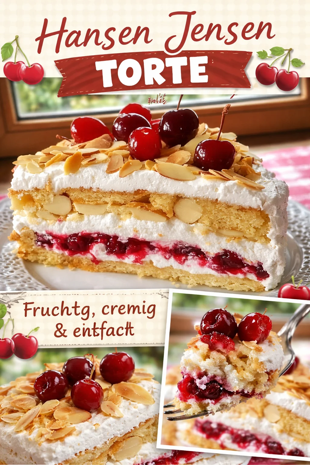 Hansen-Jensen-Torte mit Sauerkirschen auf einem Teller angerichtet