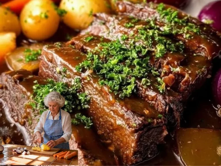 Klassischer Sauerbraten serviert mit Beilagen auf einem Teller