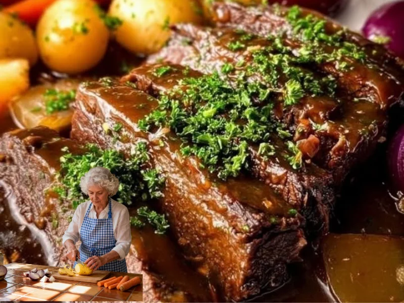 Klassischer Sauerbraten serviert mit Beilagen auf einem Teller