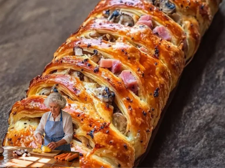 Leckerer Blätterteigzopf mit Champignons, Schinken und Käse frisch gebacken