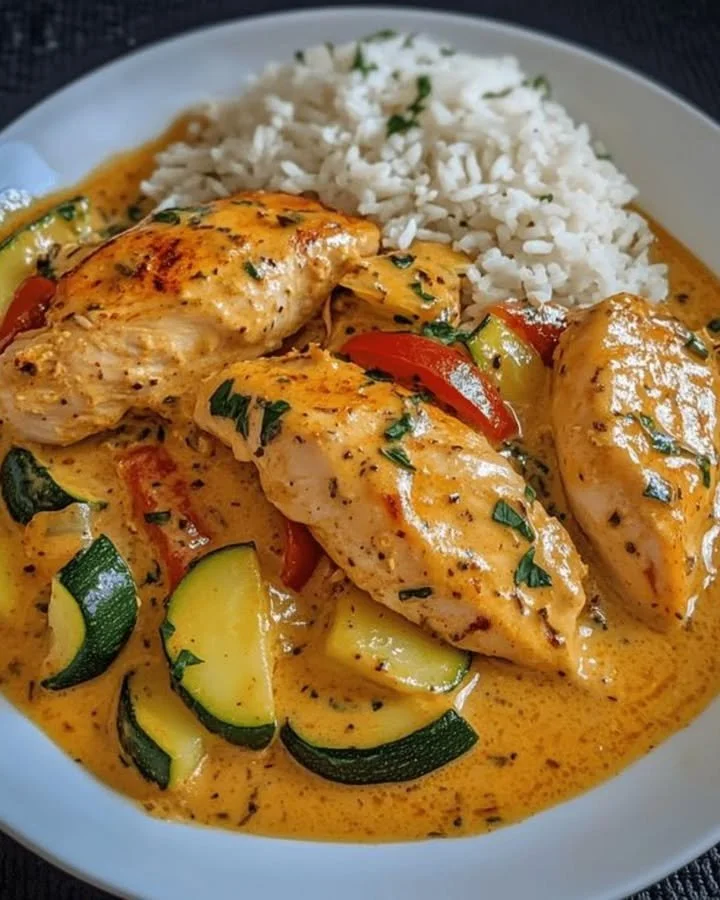 Paprika-Zucchini-Hühnchen in Sahnesauce auf einem Teller serviert