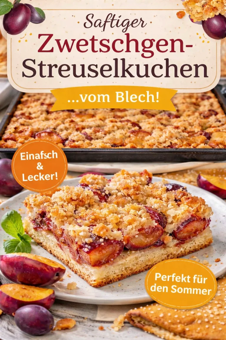 Leckerer Pflaumenkuchen mit Streußeln auf einem Teller serviert.