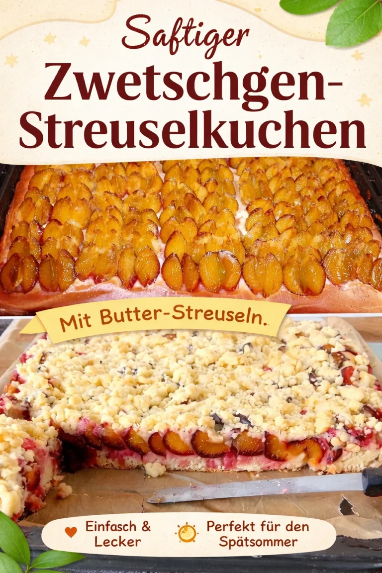 Pflaumenkuchen vom Blech mit Streuseln auf einem Tisch
