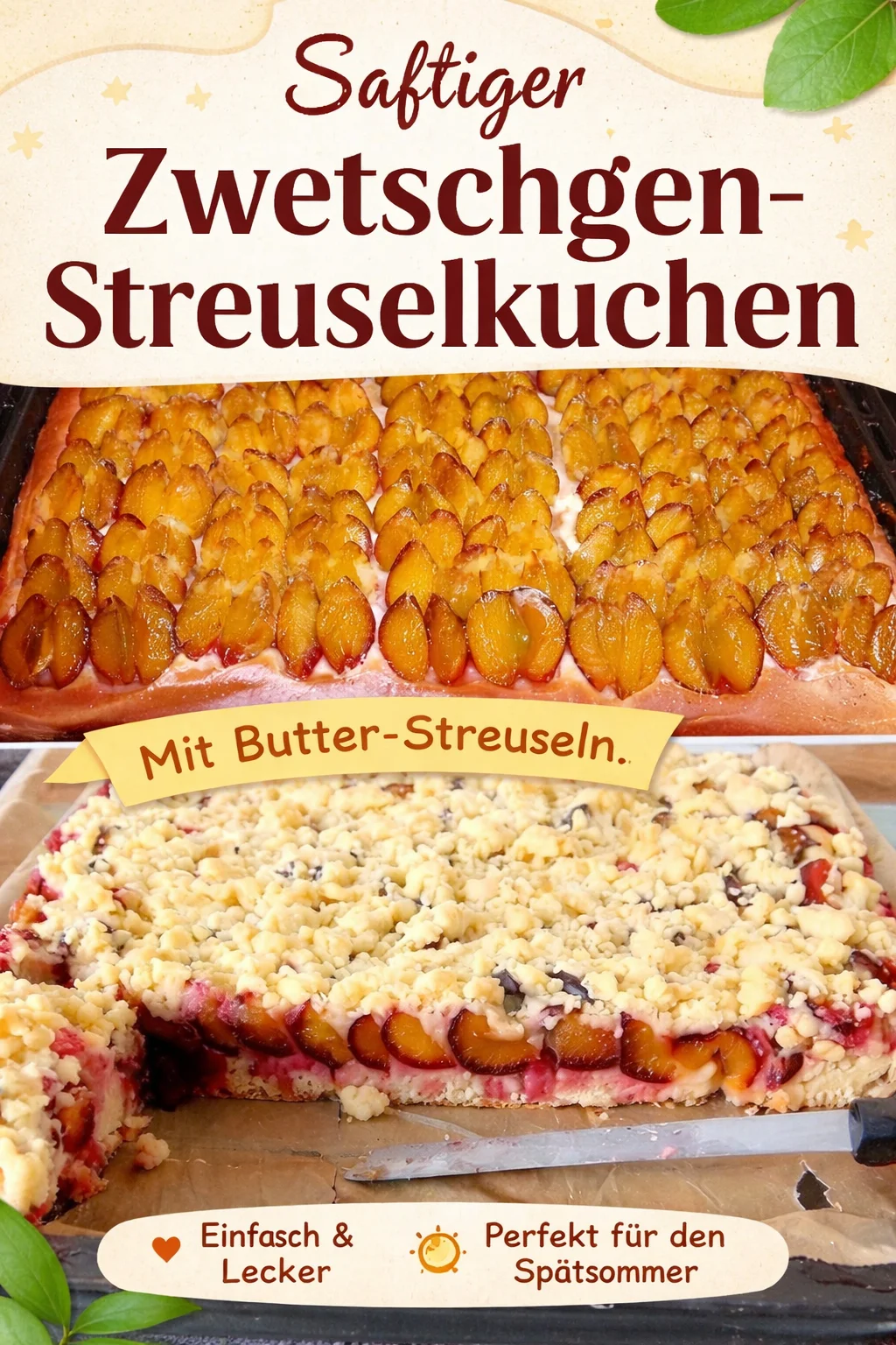 Pflaumenkuchen vom Blech mit Streuseln auf einem Tisch