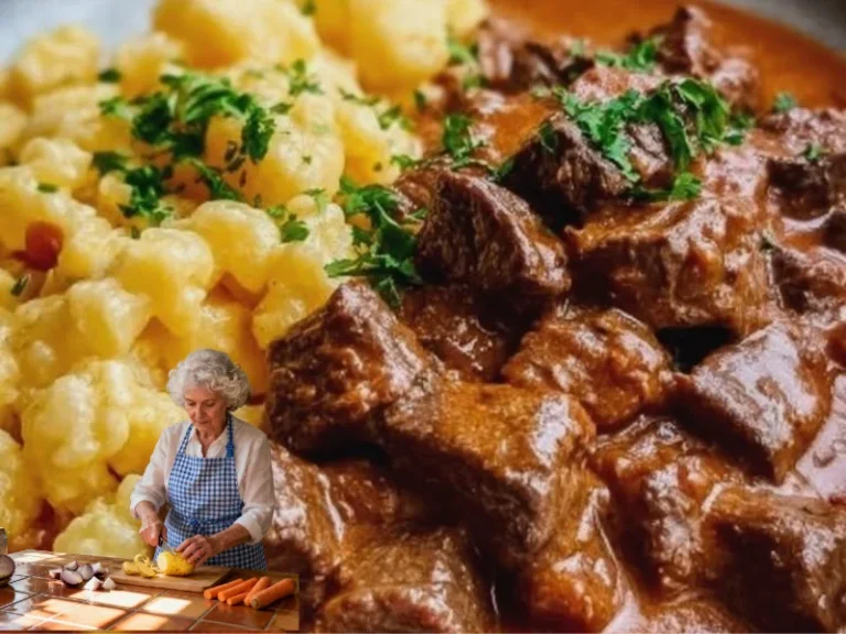 Ein Teller Rahmgulasch mit zartem Fleisch und cremiger Sauce.