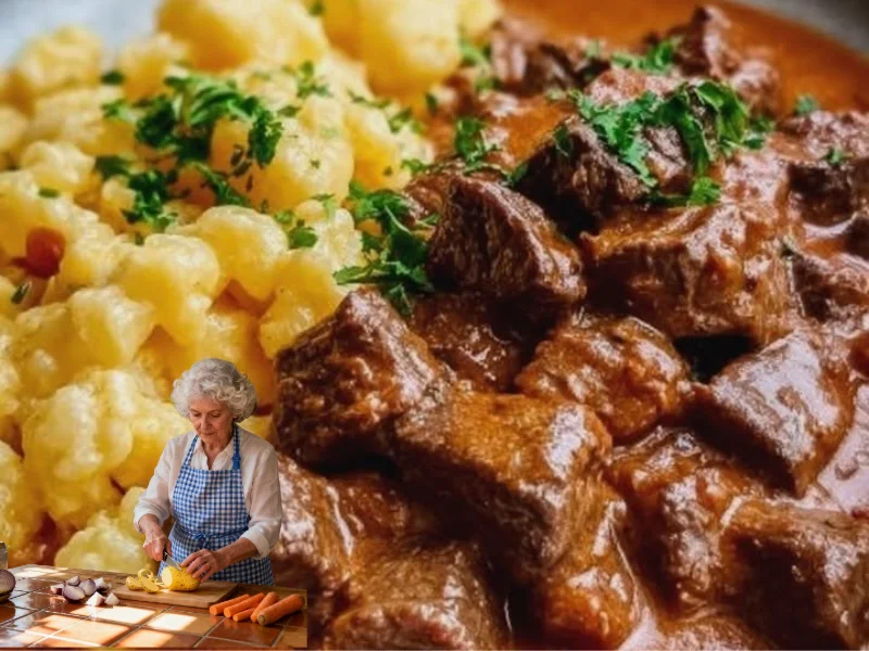 Ein Teller Rahmgulasch mit zartem Fleisch und cremiger Sauce.