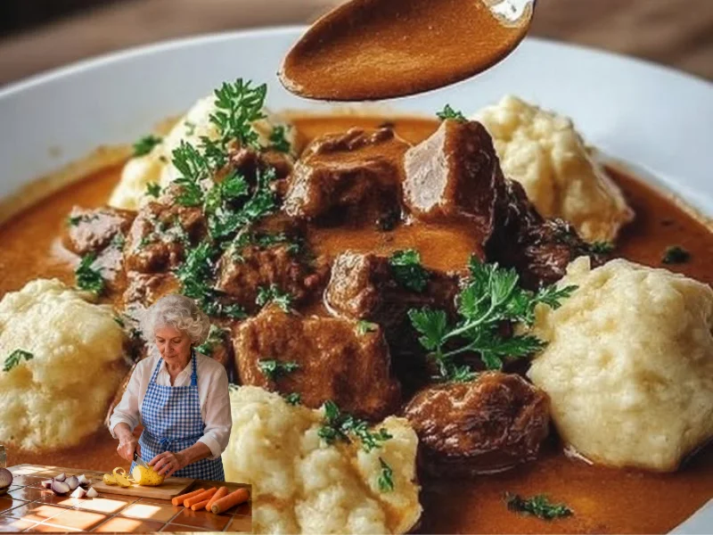 Rahmgulasch mit Serviettenknödeln auf einem Teller serviert